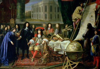 Jean-Baptiste Colbert (1619-83) Presenteert de Leden van de Koninklijke Academie van Wetenschappen aan Lodewijk XIV (1638-1715) ca. 1667 (detail) door Henri Testelin